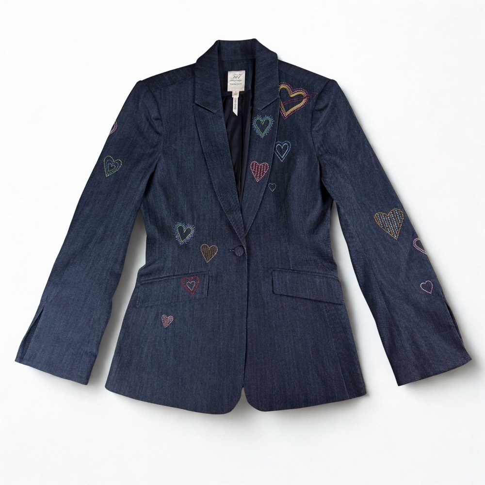Cinq a Sept Cheyenne Blazer Women Size 6 Blue Denim Rhinestone Heart Embellished